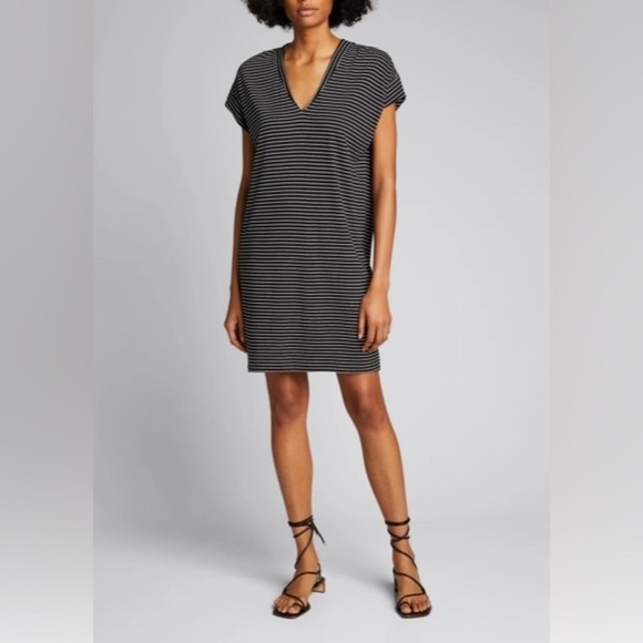 Frame Le V Mini Dress Noir Multi Black Stripes Pima Cotton - Picture 1 of 6